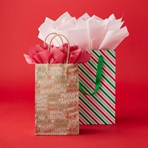 Assorted Christmas gift bags laid out on red background